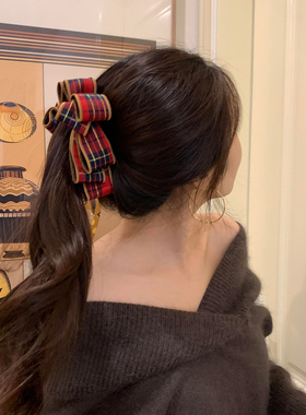 新年定制款！格纹蝴蝶结香蕉夹竖夹女发饰后脑勺抓夹头饰马尾发夹