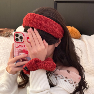 浆果红！细闪毛呢红色大肠发圈发箍女宽边高颅顶头箍发绳新年发饰