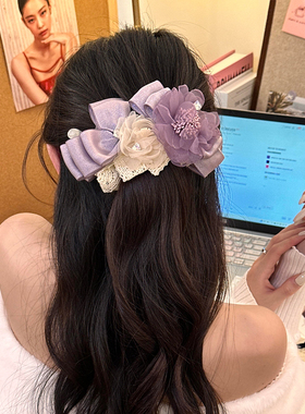 温柔紫色网纱花朵香蕉夹女后脑勺发夹马尾夹竖夹度假发饰头饰夹子