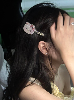 韩系爆闪满钻可爱kt猫发夹女精致侧边夹高级感发卡刘海夹发饰夹子