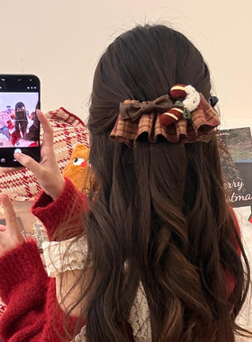 圣诞叮铃铛~红色格纹裙摆蝴蝶结香蕉夹竖夹女发饰后脑勺马尾发夹