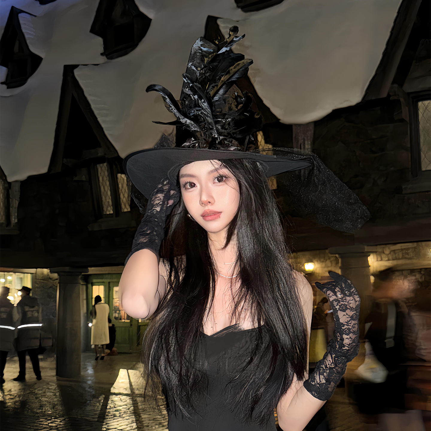 暗黑魔女万圣节网纱羽毛女巫帽
