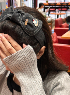韩系复古kt蝴蝶结牛仔布艺发箍女高颅顶气质头箍发饰发卡压发头饰