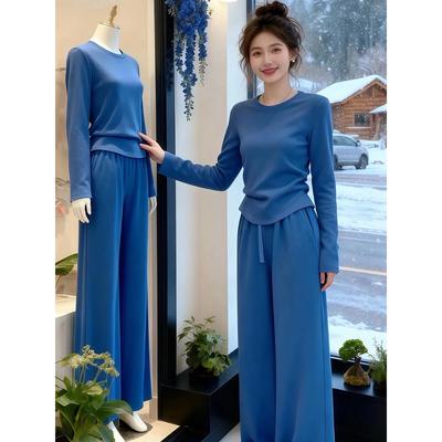 2025秋冬ootd穿搭一整套韩系洋气加绒上衣宽松阔腿裤慵懒风两件套