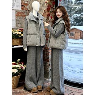 入冬穿搭一整套装女大码胖mm棉服马甲针织衫休闲裤简约慵懒三件套