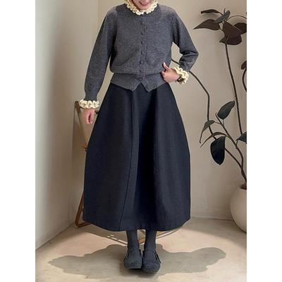 法式木耳边撞色针织开衫设计感高腰显瘦花苞半裙秋冬气质时髦套装