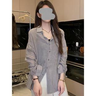 休闲Polo领灰色条纹长袖 高级感宽松防晒上衣潮 衬衫 女2025春秋新款
