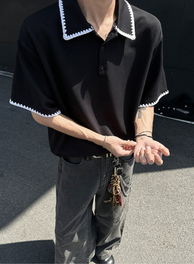 手工缝纫贵公子撞色凉感POLO衫短袖男春夏季慵懒风百搭休闲五分袖