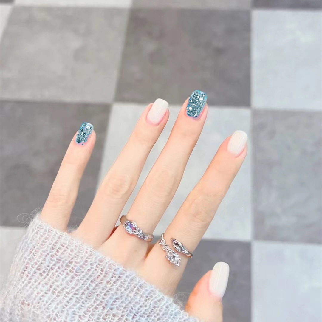 假指甲贴片短款方圆海蓝亮片穿戴甲纯色巨显白甲片可拆卸美甲成品