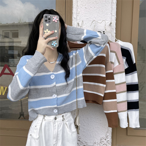 Real price real shot autumn and winter coat lazy sweater color matching stripe long sleeve minority knitted cardigan women