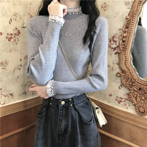 Real price real shot fungus edge half high collar white bottomed shirt women's spring and autumn long sleeved sweater