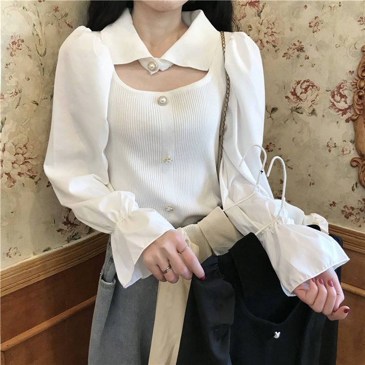 French polo shirt women's hollow out clavicle design top women's spring long sleeve