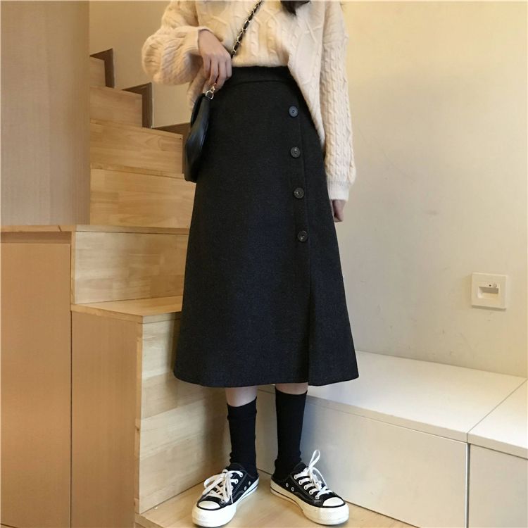 Real price real shot woolen tweed skirt for autumn and winter women's medium length high waist long skirt umbrella skirt A-line skirt