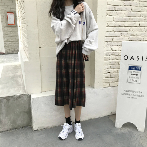 Real price real shot thickening autumn and winter mid length high waisted Plaid pleated skirt A-line long skirt