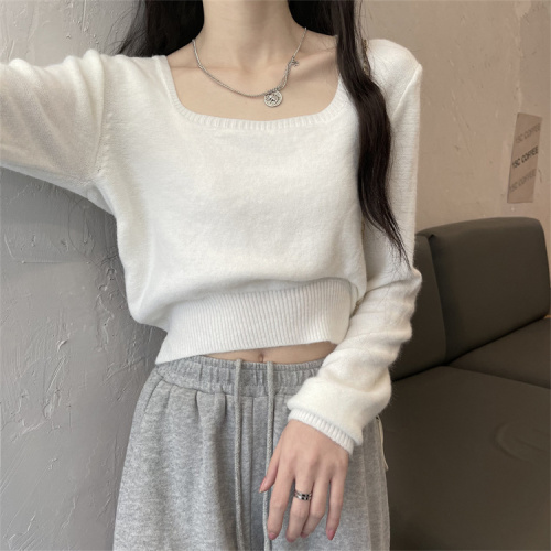 Square collar top women's spring and autumn new collarbone design sense niche knitted long sleeves