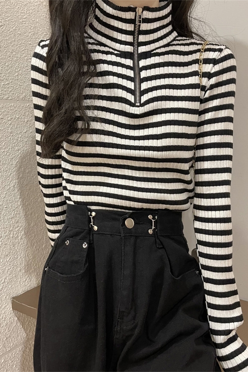 Real price real shooting new versatile striped high neck women's sweater foreign style top with thickened bottomed shirt inside