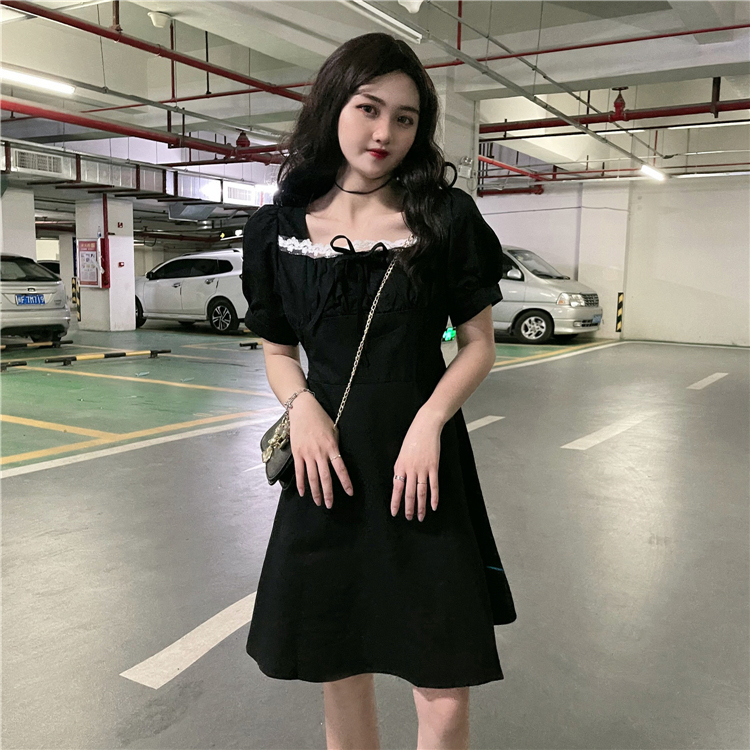 Real price real shot sweet girl's dress female minority square collar bubble sleeve summer 2021 new style