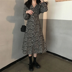 Real price photo of autumn and winter floral dress women's high waist and thin single breasted printed chiffon skirt