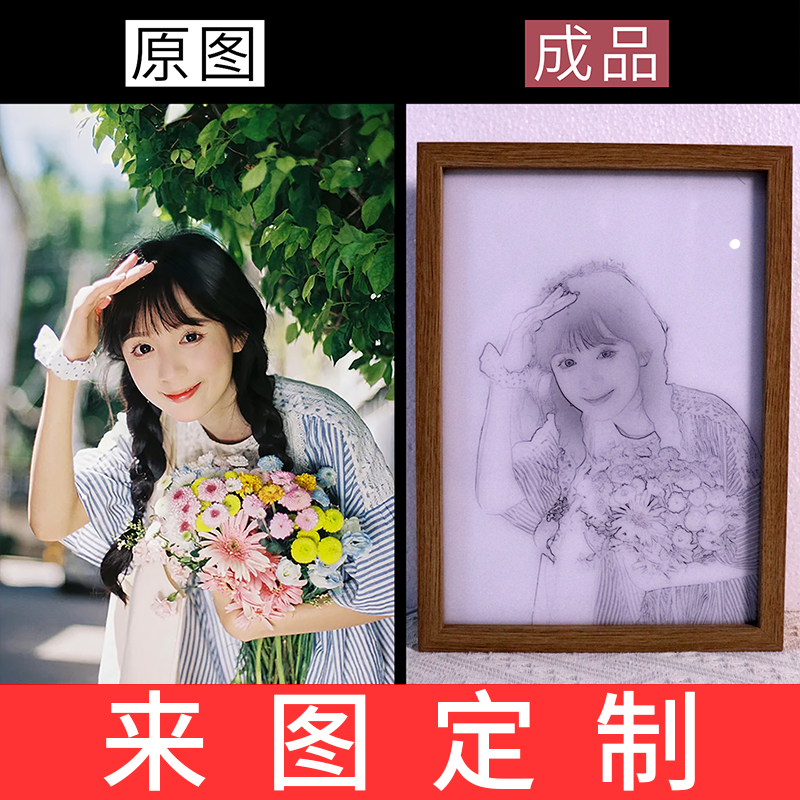 镜子面真人定做创意灯光画来图定制照片宠物情人节礼物素描小夜灯