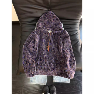 莫奈紫针织小香风毛绒卫衣男女秋冬重磅毛呢连帽衫 高级感情侣外套