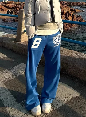 蓝色美式复古运动卫裤男款秋冬季潮牌痞帅炸街裤子垂感直筒阔腿裤