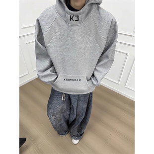 潮牌重磅白灰色刺绣卫衣男款秋季潮牌美式boxy外套硬挺情侣连帽衫