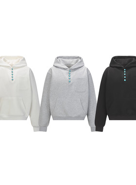 灰色美式复古重磅卫衣男女秋冬季高级感绿松石纽扣连帽衫套头外套