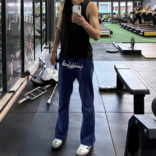 藏蓝色美式健身运动卫裤男款秋冬阿拉伯文刺绣裤子垂感直筒休闲裤