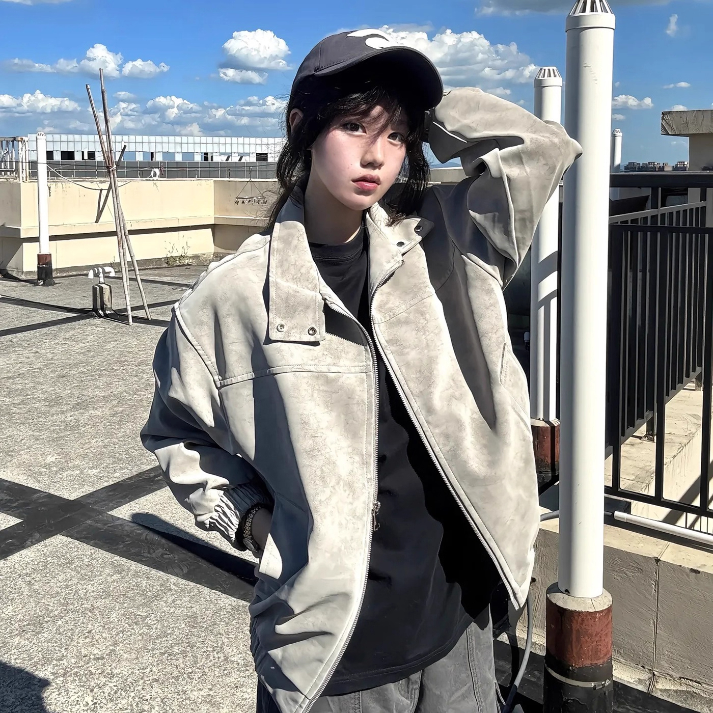 美式扎染皮衣短款外套男女秋冬季立领棒球棉服设计感小众工装夹克