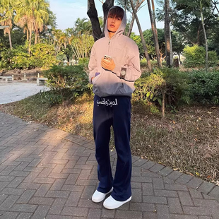 藏青色阿拉伯文刺绣卫裤男款秋冬美式篮球运动裤子显瘦直筒休闲裤