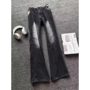 美式复古黑色褶皱牛仔裤男款春季痞帅设计感裤子弯刀直筒微喇长裤