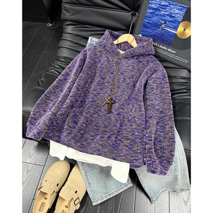 美式 复古莫奈紫毛绒针织卫衣男女秋冬cleanfit小香风情侣连帽外套
