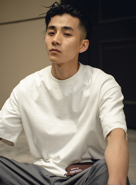 日系cityboy纯棉t恤男小领口宽松短袖纯色内搭打底衫休闲半袖体恤