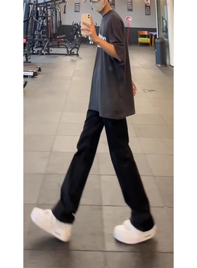 潮牌黑色弯刀牛仔裤男女美式高街cleanfit裤子窄版修身直筒微喇裤