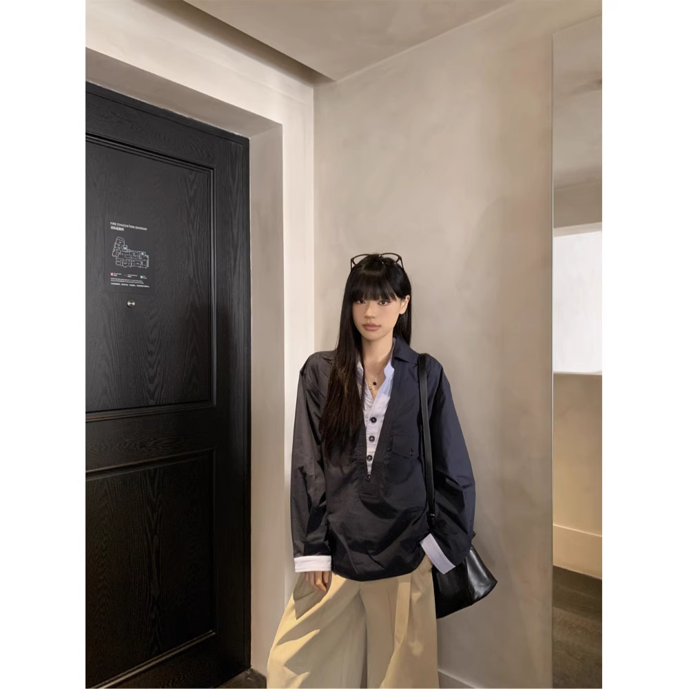 假两件V领衬衫男女款老钱风休闲宽松衬衣cleanfit高级感美式外套