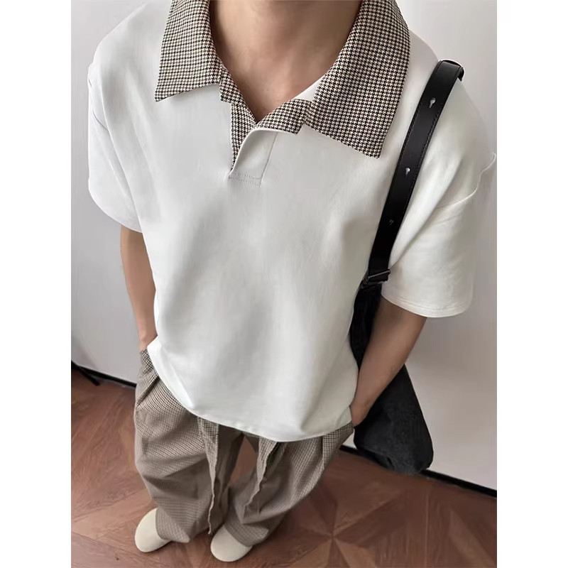 复古拼接撞色短袖polo衫男女潮夏季老钱风正肩t恤千鸟格情侣半袖
