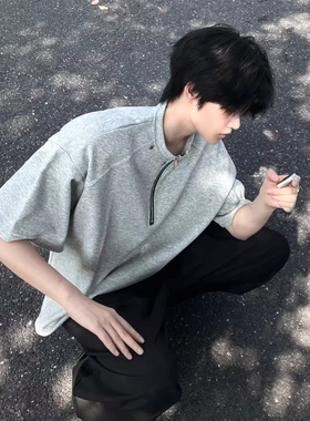 黑色半拉链重磅短袖男夏美式高街铆钉设计感正肩T恤cleanfit半袖