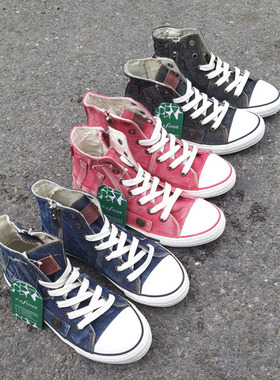 女士高帮侧拉链速脱懒人鞋系带牛仔装饰扣耐磨帆布鞋SK8005