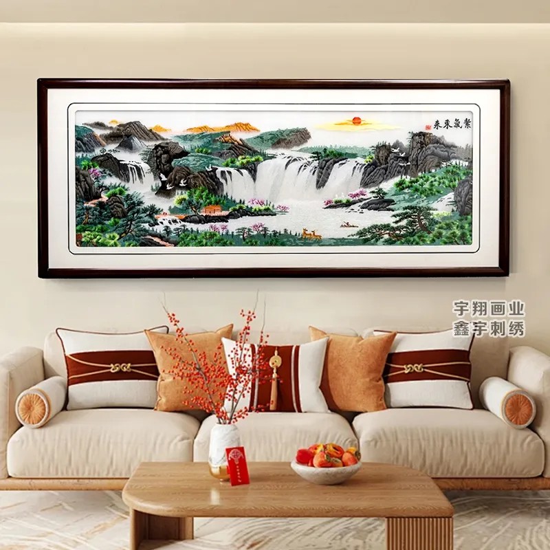 苏绣刺绣纯真丝成品山水风景画聚宝盆客厅挂画家庭装饰画紫气东来图片