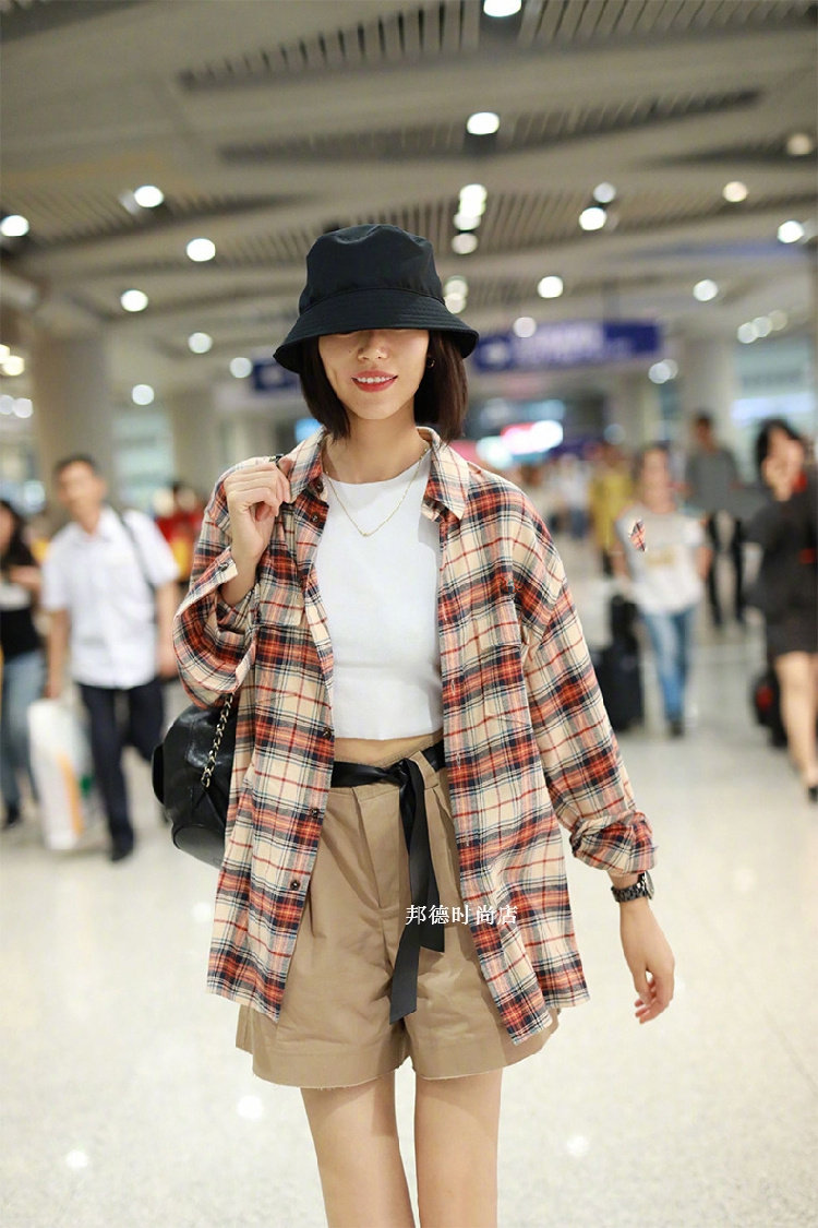 香港it代购潮牌明星刘雯同款格子条纹衬衫复古bf风宽松港味套装女