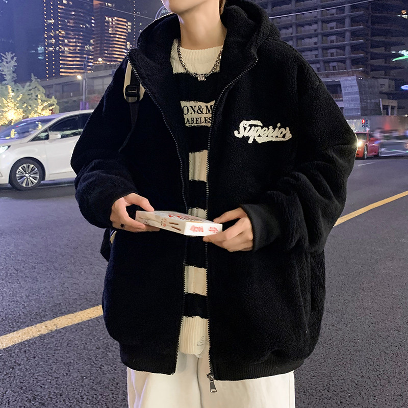 连帽羊羔毛男冬季加肥大码潮胖子宽松毛绒绒外套加厚保暖男士上衣