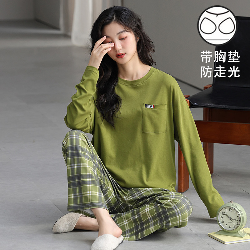 带胸垫一体睡衣女春秋款长袖纯棉甜美卡通套装冬季休闲宽松家居服