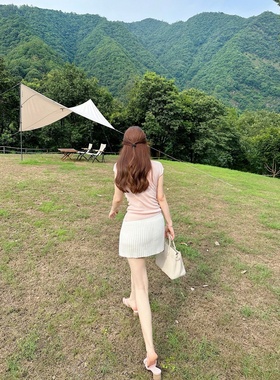 【Dear zhazha】千金周末~纯欲米白色高腰A字针织百褶半身短裙