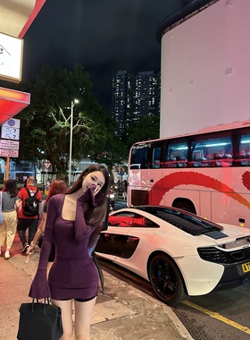 【Dear zhazha】维港微醺夜~紫色修身喇叭袖大方领长款T恤打底衫