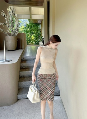 【Dear zhazha】高智欧尼~纯欲修身杏色半高领无袖针织背心上衣