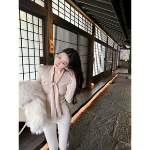 纯欲修身 金秘书小衫 zhazha V领领带绑带羊毛打底针织衫 Dear