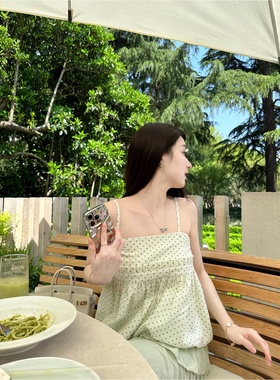 【Dear zhazha】午后庄园~薄荷绿色波点花边短款外穿花苞吊带上衣