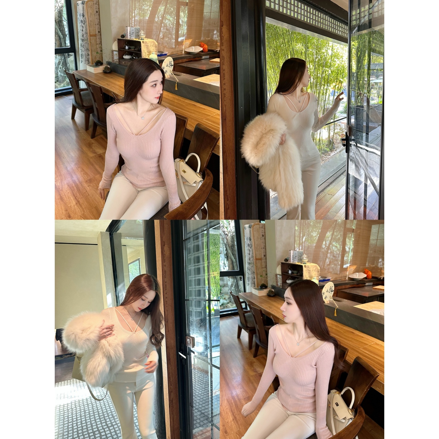 【Dear zhazha】恋综女主~纯欲修身粉色大U领挂脖长袖针织打底衫