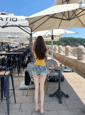 【Dear zhazha】翘臀腰精~美式辣妹修身高腰包臀蓝色牛仔短裤热裤