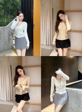 【Dear zhazha】miu系少女感~白色修身拉链麻花针织连帽开衫外套